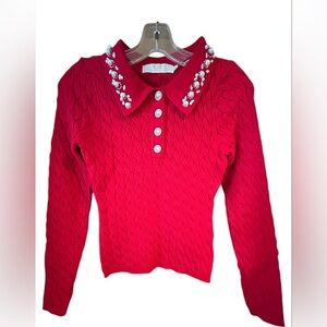 LC LIZETTE / NWOT / Red Cable Knit Sweater with Embellished Collar-buttons/S